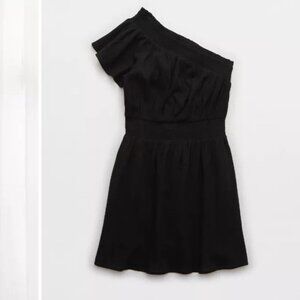 Aerie Womens |L| Black Crinkle Cotton Smocked Waist One Shoulder Dress